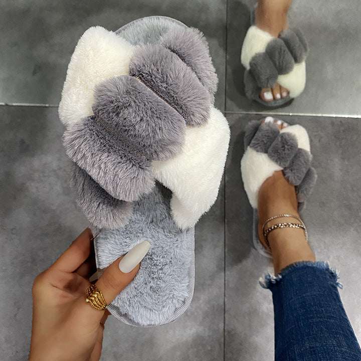 Winter women furry slippers soft plush cross faux fur shoes indoor platforms