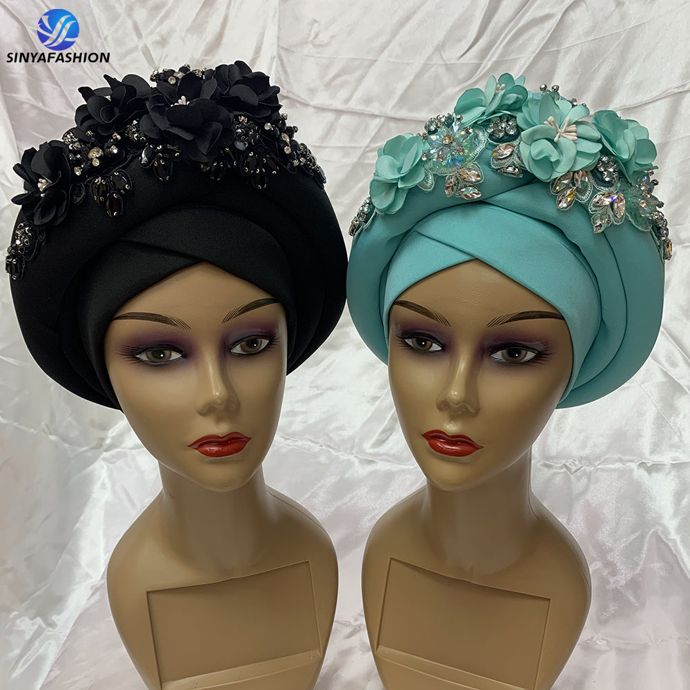 Best selling turban hat flower designs crystal auto gele headtie for women