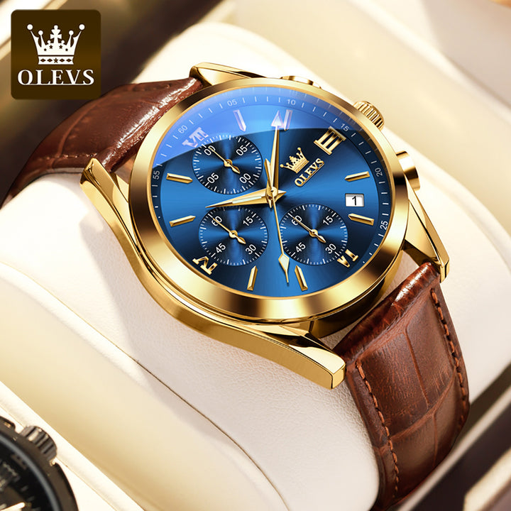 Blu ray glass three eye belt quartz mens watch
