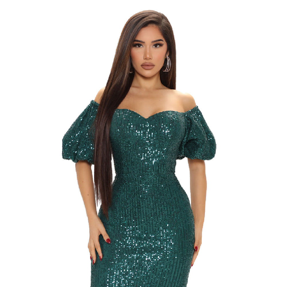 Celebrity evening fashion women dress luxurious slash neck sequins glitter mini