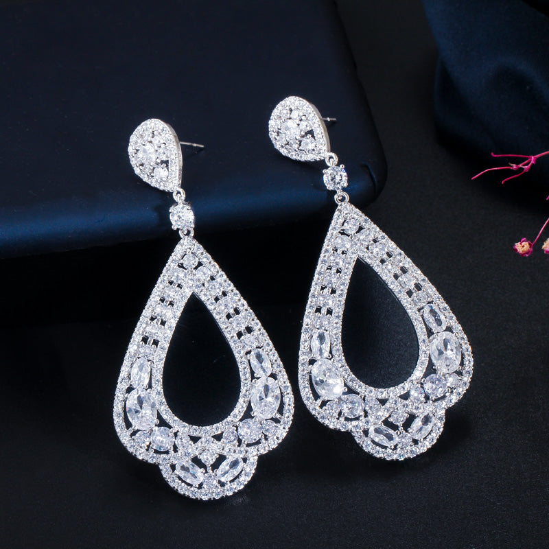 Full micro cz crystal 18k gold color womens wedding luxury long earring jewelry