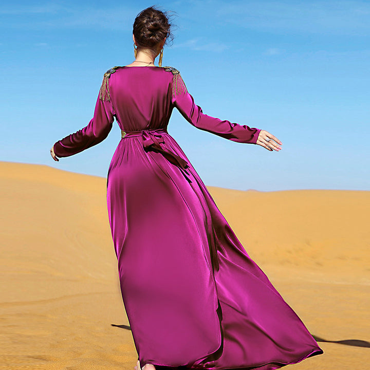 Classical Design Maxi Royal Shoulder Knot Abaya Dress Tasseels