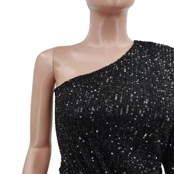 Womens elegant night prom dress one shoulder glitter