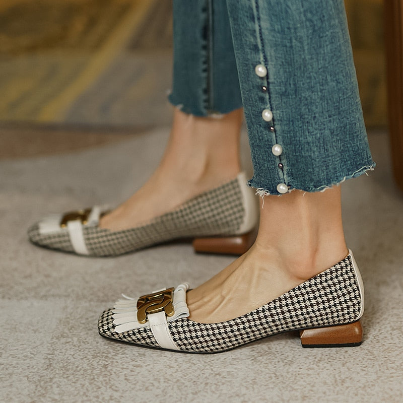 New Genuine Leather Women Shoes Fashion Tassel Beads Spring Pump Square Toe Slip-On Casual Shoes Thick Heel Size 35-42 Handmade