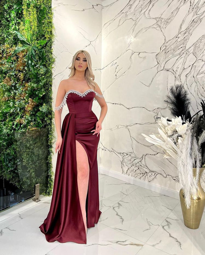 Crystal bridesmaid dress champagne off shoulder mermaid silk satin gowns
