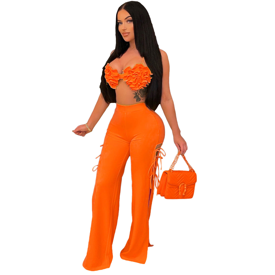 Solid color sexy tie up flared two piece womens pant bra set