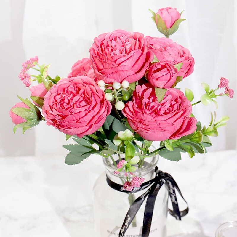 Pink silk peony artificial flowers rose wedding home decor big bouquet