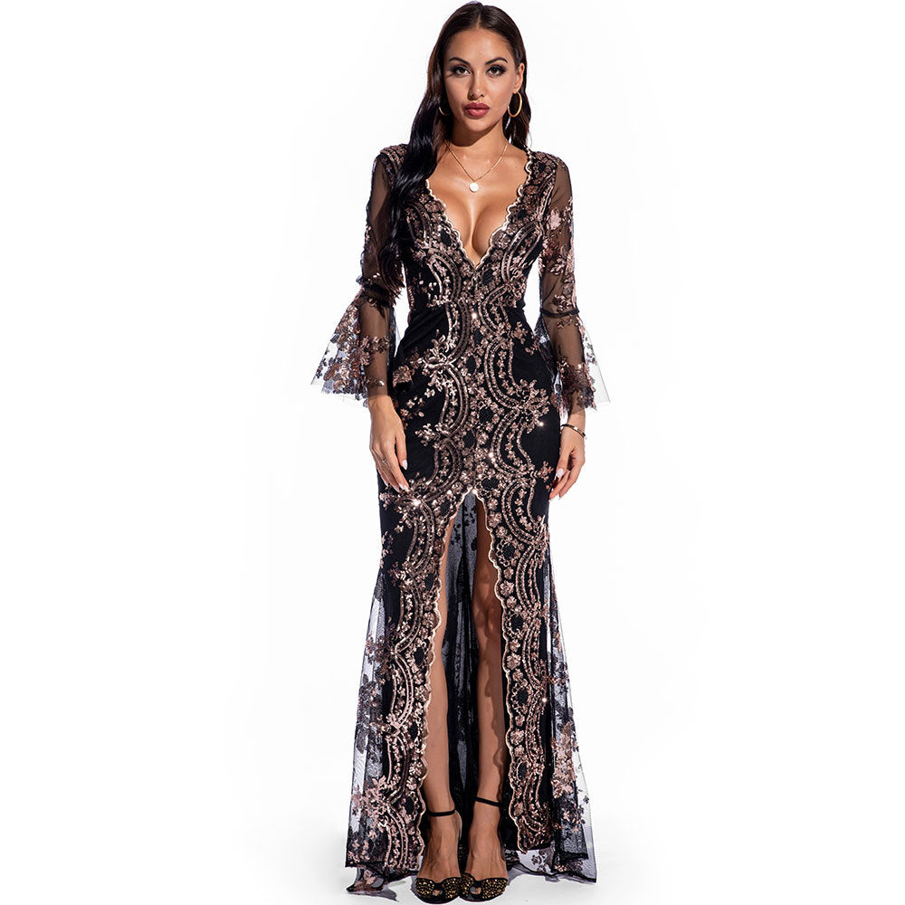 Classy long sleeves bridal lace elegant party sequin evening dress