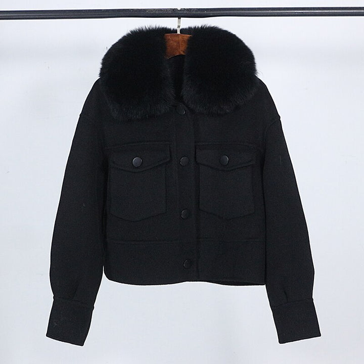 Wool blend womens winter jacket real fur collar pockets outwear