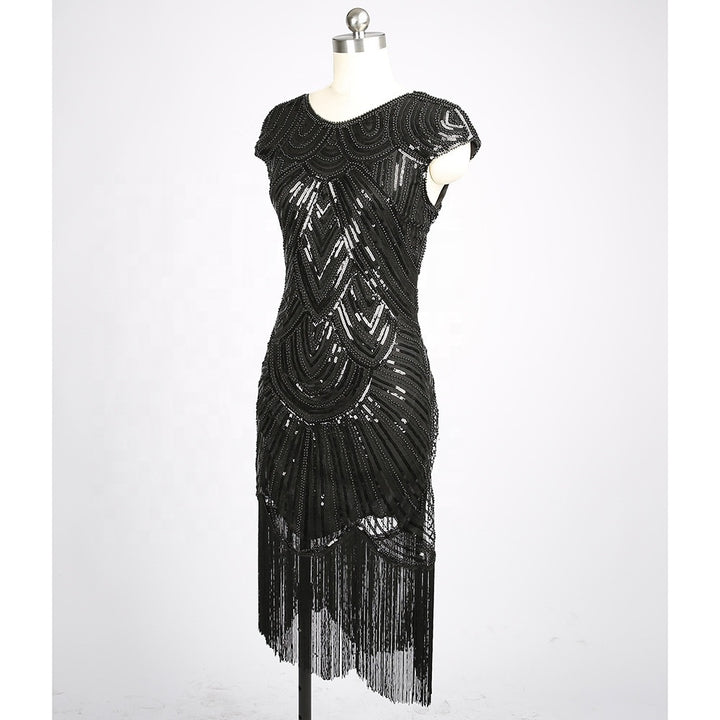 Woman elegant formal evening beaded mini tassel sequined fringed mini dress