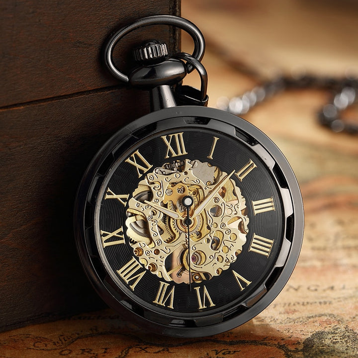 retro watch necklace steampunk skeleton mechanical fob pocket watch roman number clock pendant hand winding men women chain gift