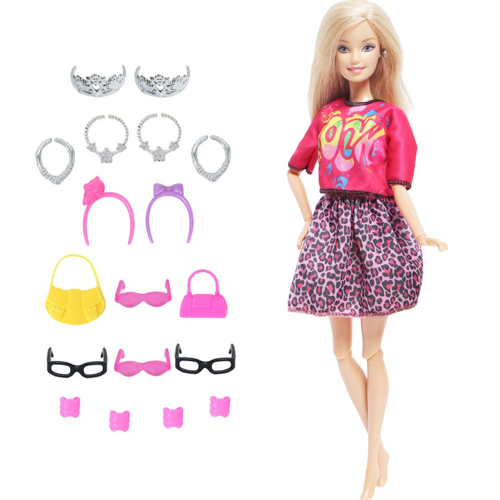 14 Pcs / Lot = 1x Fairy Tale Doll Dress + 13x Random Accessories Shoes Handbag Glasses Clothes for Barbie Doll Baby Girl Toys