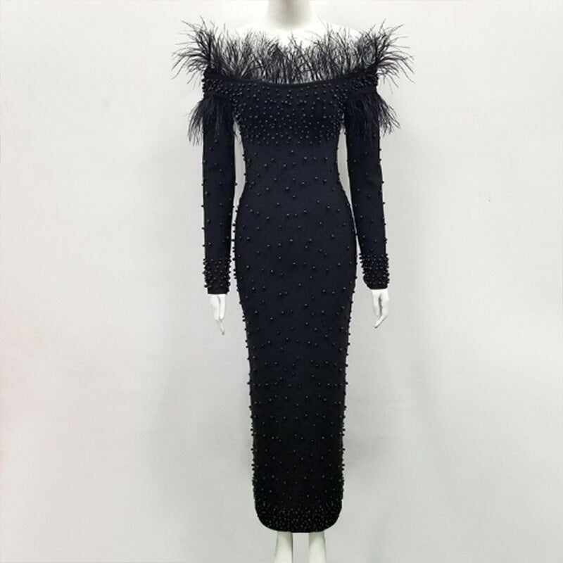 Women off shoulder feather dress slim long sleeve maxi black