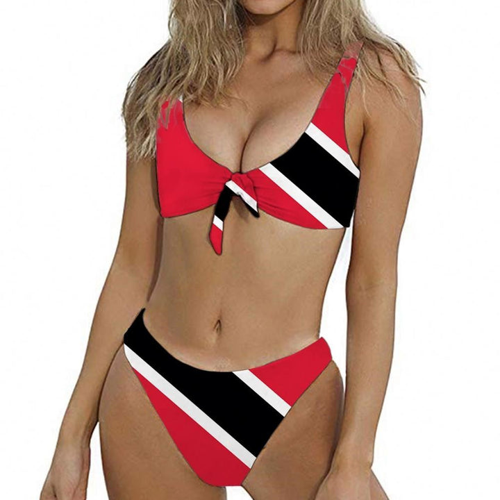 Custom Logo Haitian Jamaican Flag Printed Sexy Bow Tie Two Piece Bikini Set High Waist Bikinis Woman Beach Swimwear for Women