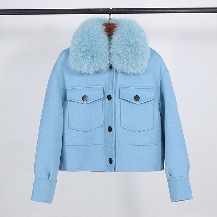 Wool blend womens winter jacket real fur collar pockets outwear