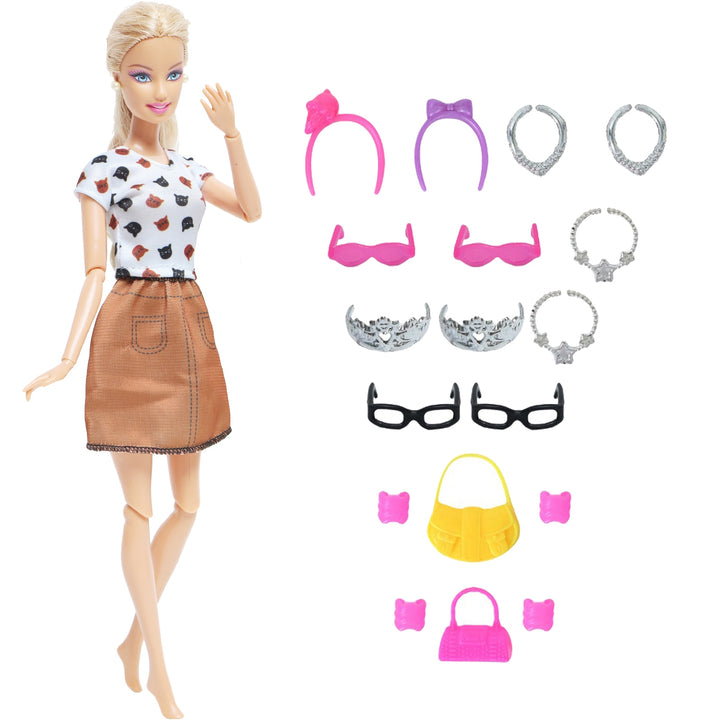 14 Pcs / Lot = 1x Fairy Tale Doll Dress + 13x Random Accessories Shoes Handbag Glasses Clothes for Barbie Doll Baby Girl Toys