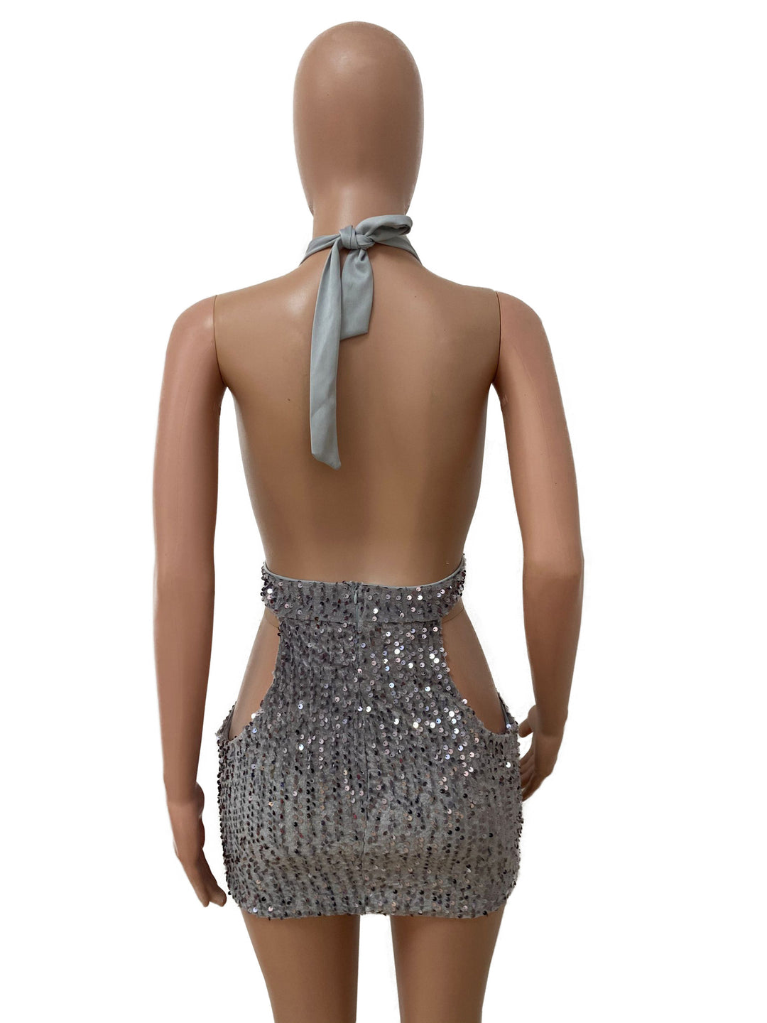 Halter tie neck cut out mini skirt sling wrap backless sequin dress for women