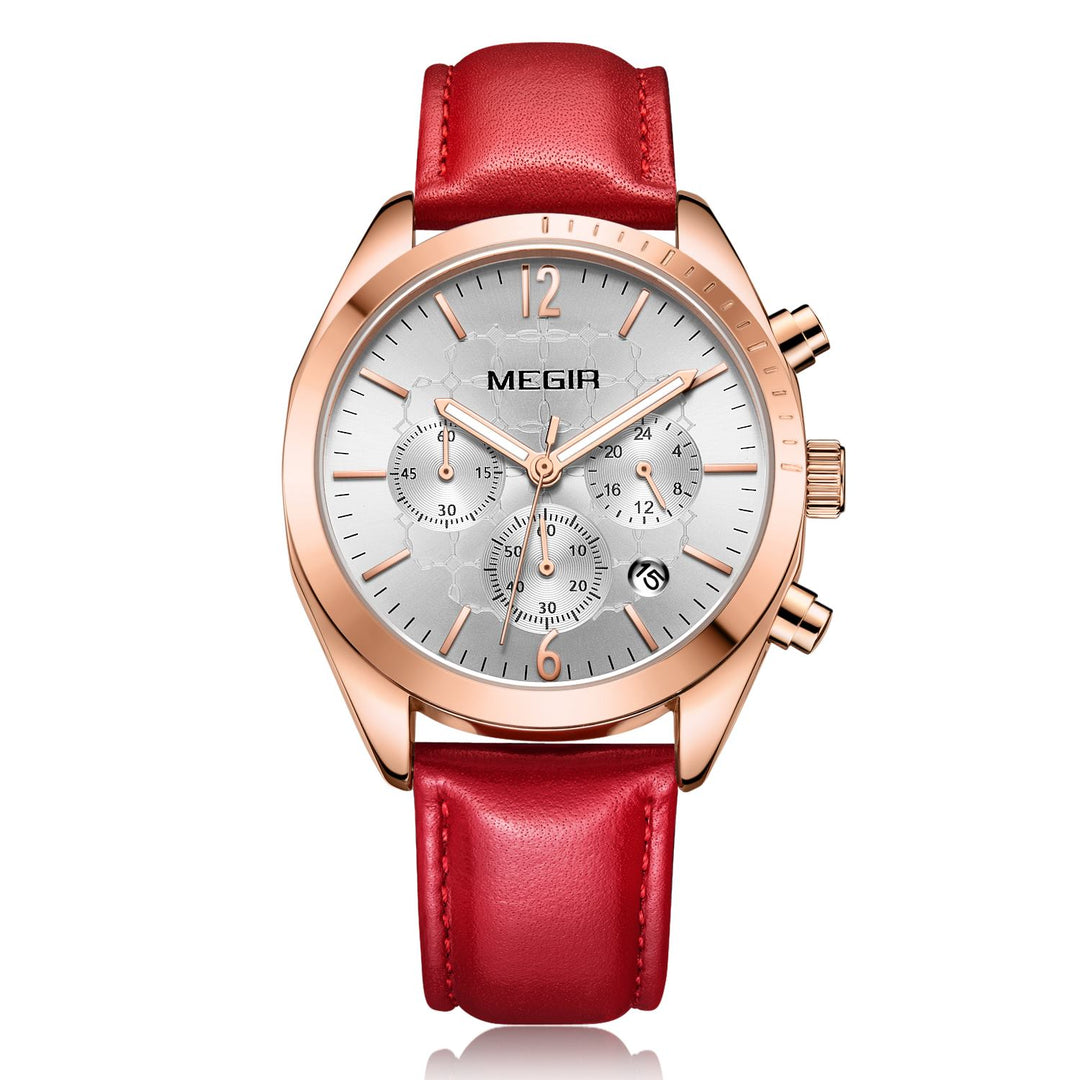 Womens waterproof top brand chronograph genuine leather bracelet watch