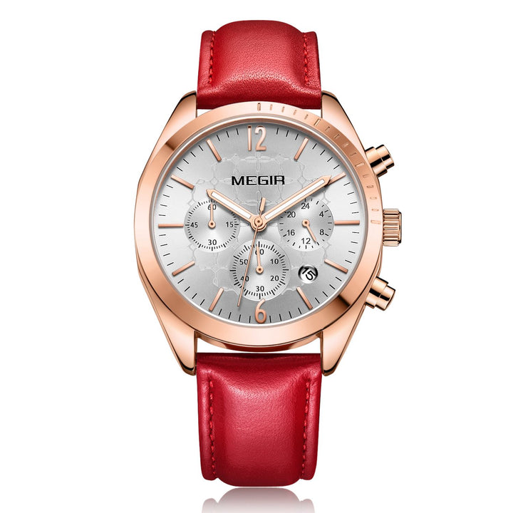 Womens waterproof top brand chronograph genuine leather bracelet watch