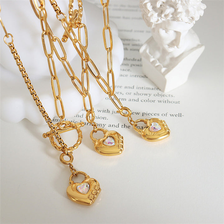 18k gold plated chunky chain button glass crystal heart necklace