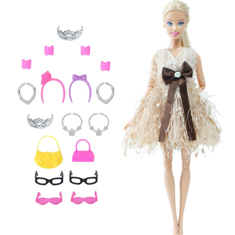 14 Pcs / Lot = 1x Fairy Tale Doll Dress + 13x Random Accessories Shoes Handbag Glasses Clothes for Barbie Doll Baby Girl Toys