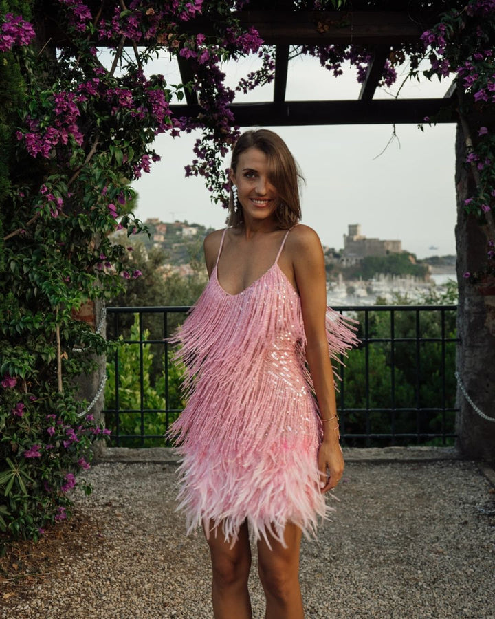 Fashion tassel sequins feathers stitching pink feather hot luxury party wear