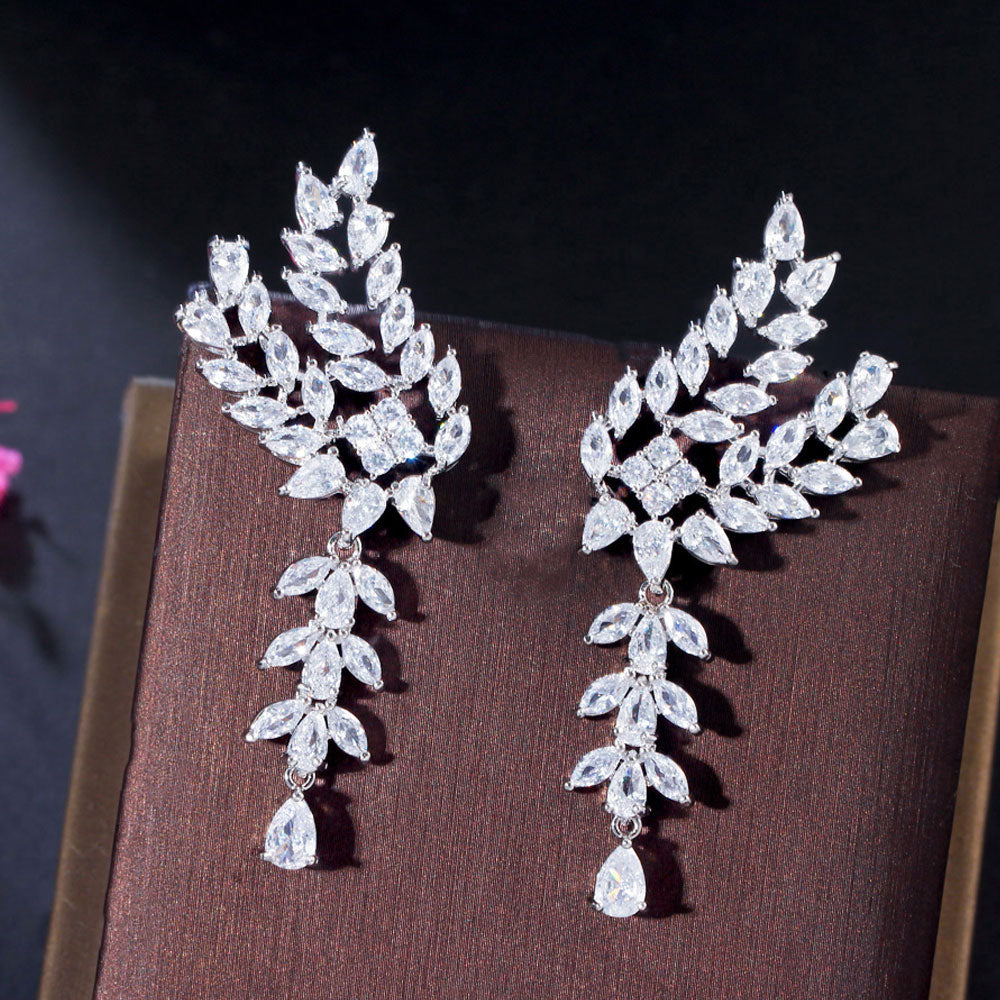 Copper White Silver Women Long Leaf Marquise Cut Cubic Zirconia Earrings