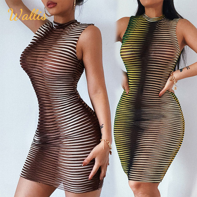 Knitted womens fashion tight body sleeveless horizontal stripe mini dress