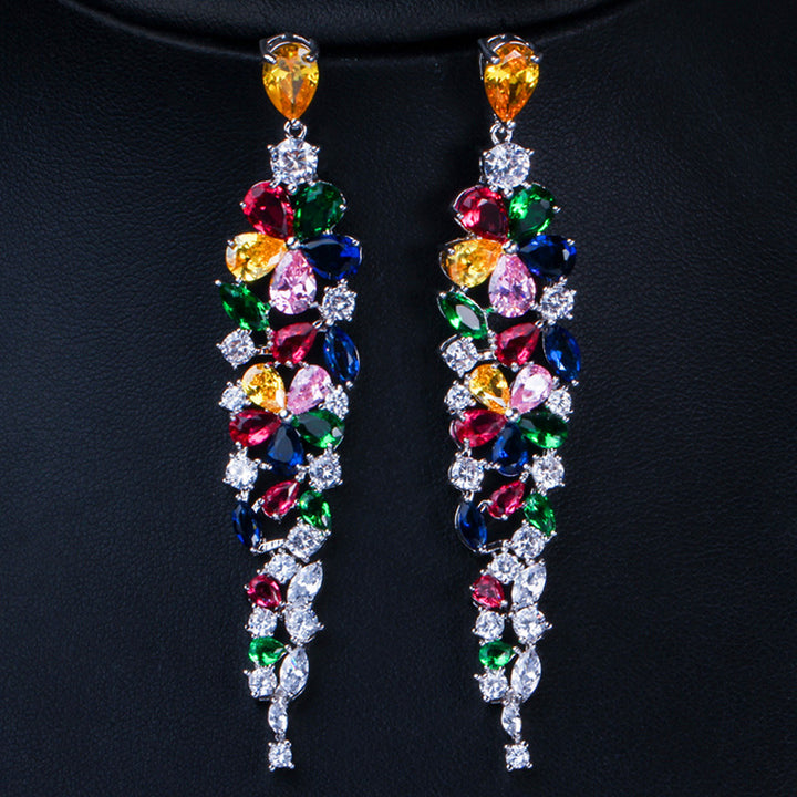 Multi colored flower cubic zirconia crystal 8 2 cm long earrings bridal jewelry