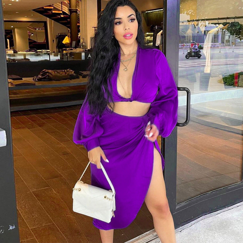 Womens v neck crop top high split skirt set satin 2 pc long sleeve