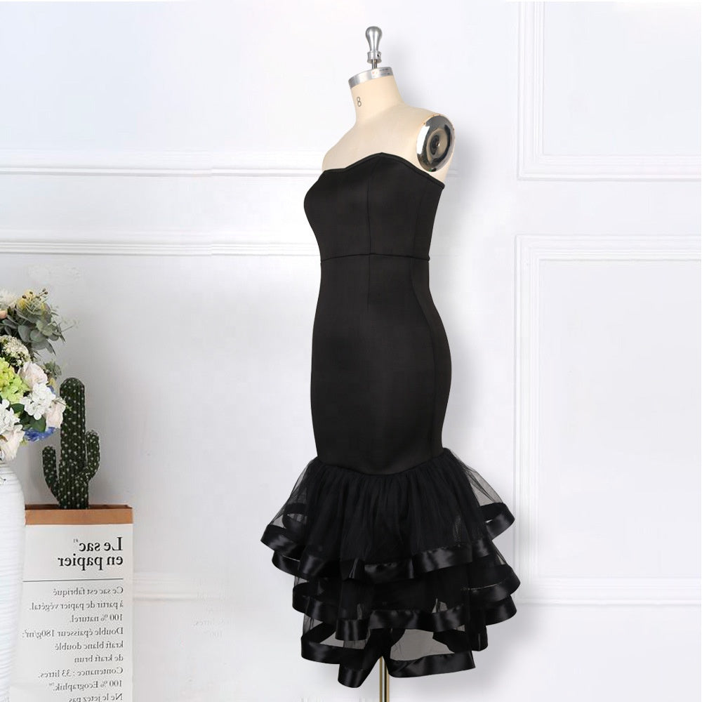 Womens see through mesh wrapped ruffles evening dress