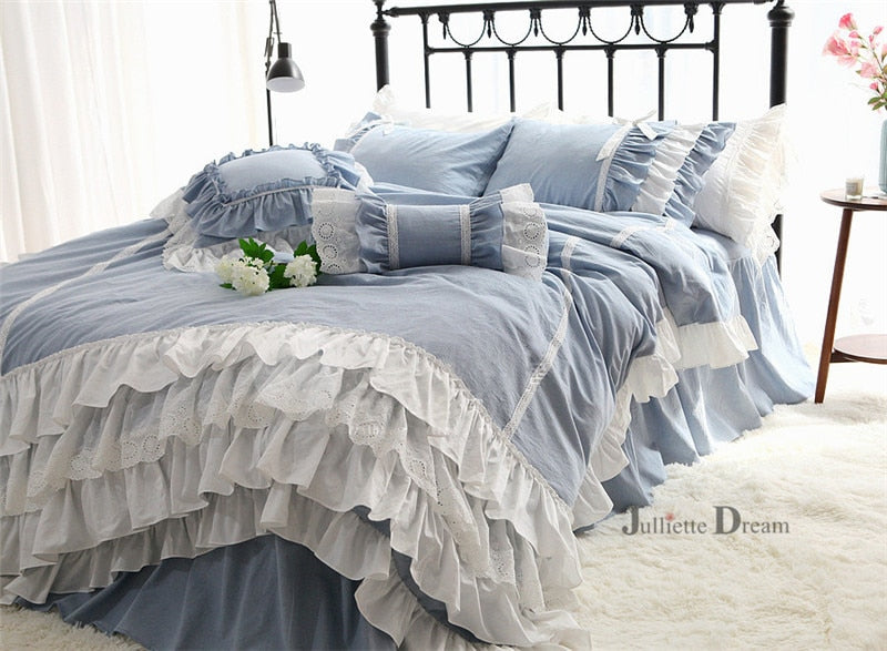 Luxury European queen beige ruffle lace duvet bedcovers