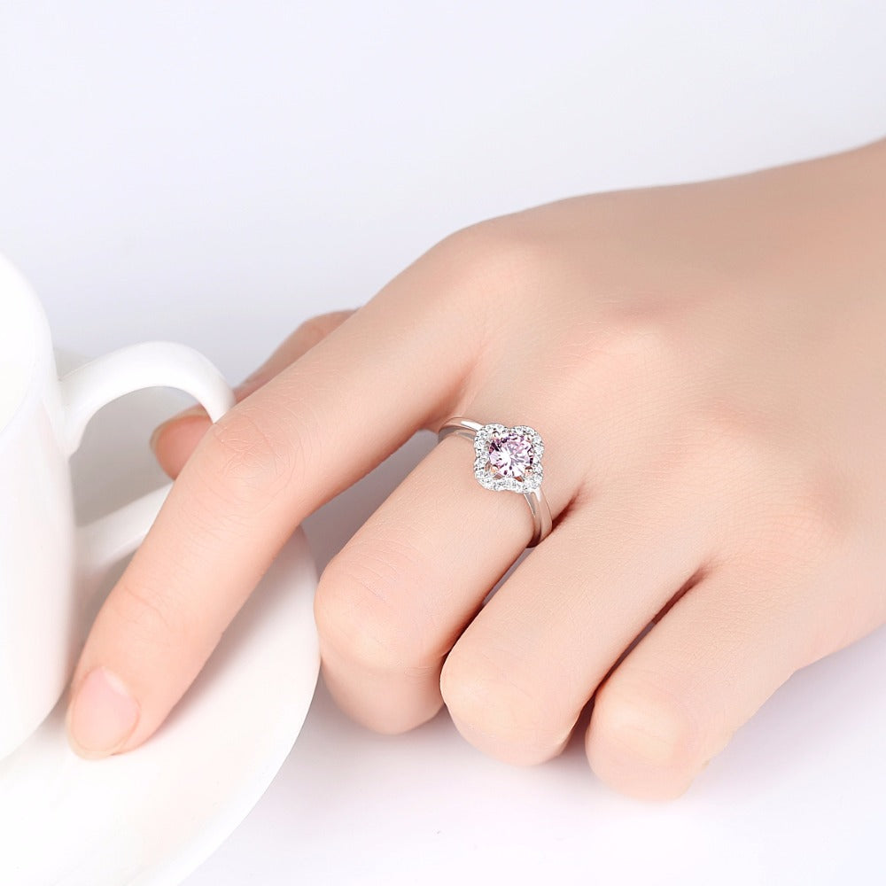 Womens 925 silver flower shape wedding ring with clear pink zircon crystal stone