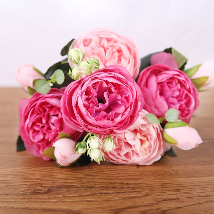 Rose pink silk bouquet peony artificial flowers 5 big heads 4 small bud bride wedding décor