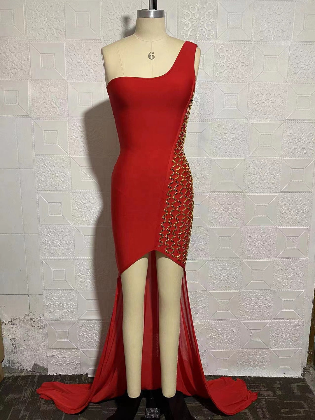 Women one shoulder beaded red mesh mermaid bodycon dress