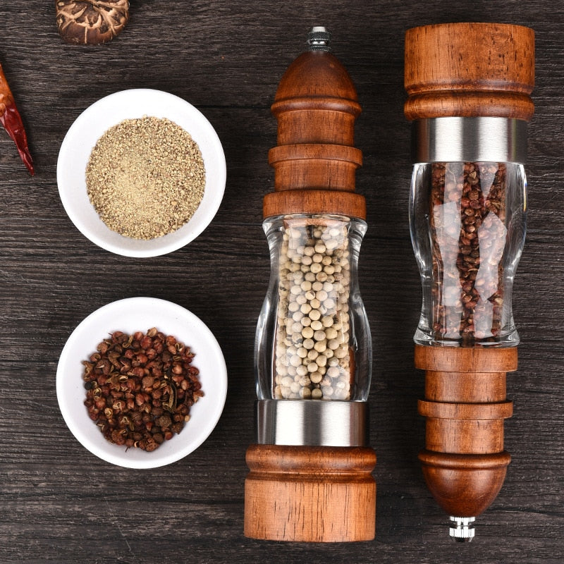 Wooden salt and pepper set adjustable coarseness ceramic grinder