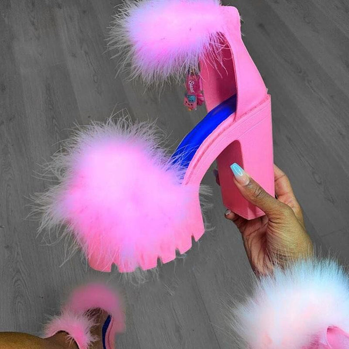 Chunky platform faux fur high heel sandals open toe women fashion luxury