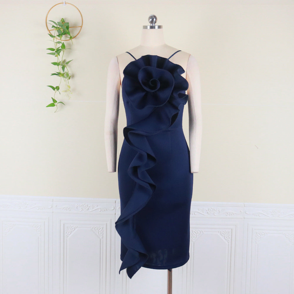 Elegant womenw sleeveless slim blue prom dress rose ruffles