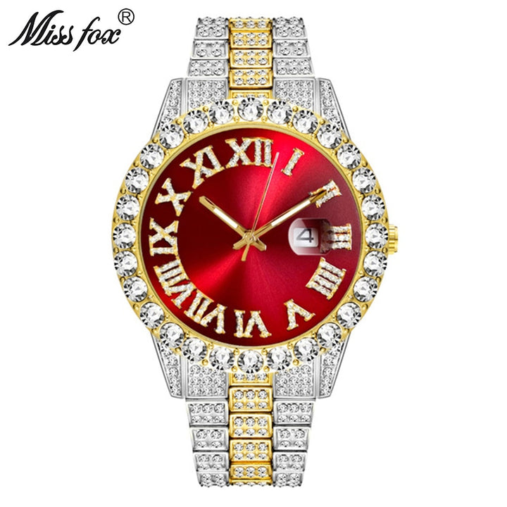 Mens watches modern diamond waterproof red top brand luxury 18k gold analog quartz