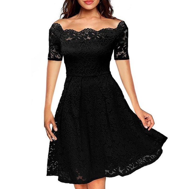 Womens elegant round neck white dress womens elegant lace a line