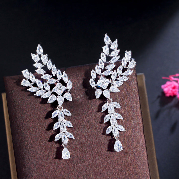 Copper White Silver Women Long Leaf Marquise Cut Cubic Zirconia Earrings