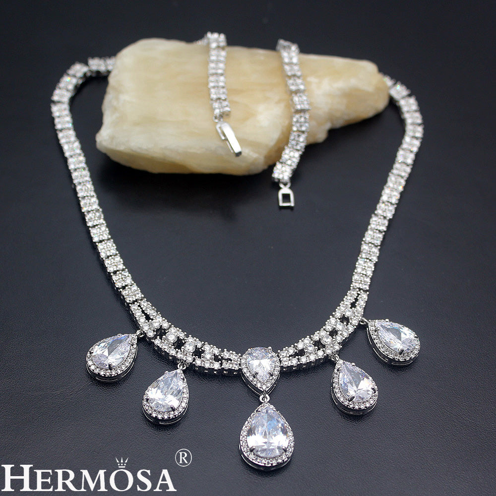 Brilliant white zircon 925 sterling silver necklace earrings bridal jewelry set