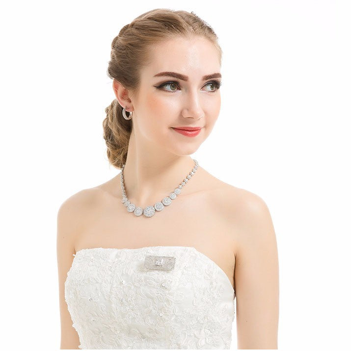 Luxury white gold plated diamond bridal earring necklace jewelry set