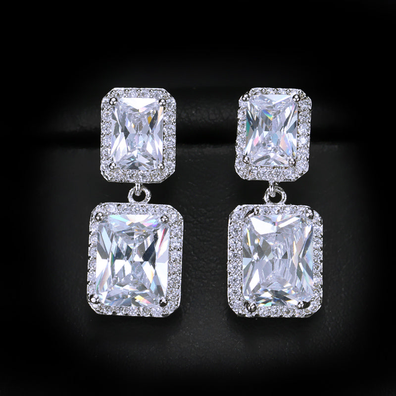 Sparking Double Big Geometric Square Iced Out Cubic Zirconia Crystal Women Wedding Earring for Dinner Party Wear Accessories