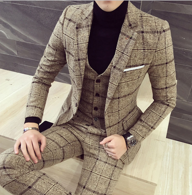 Autumn Winter British Latest Coat Pant Designs Blue Mens Suit Thick Slim Fit Plaid Wedding Dress Tuxedos 3 Piece Suits Men