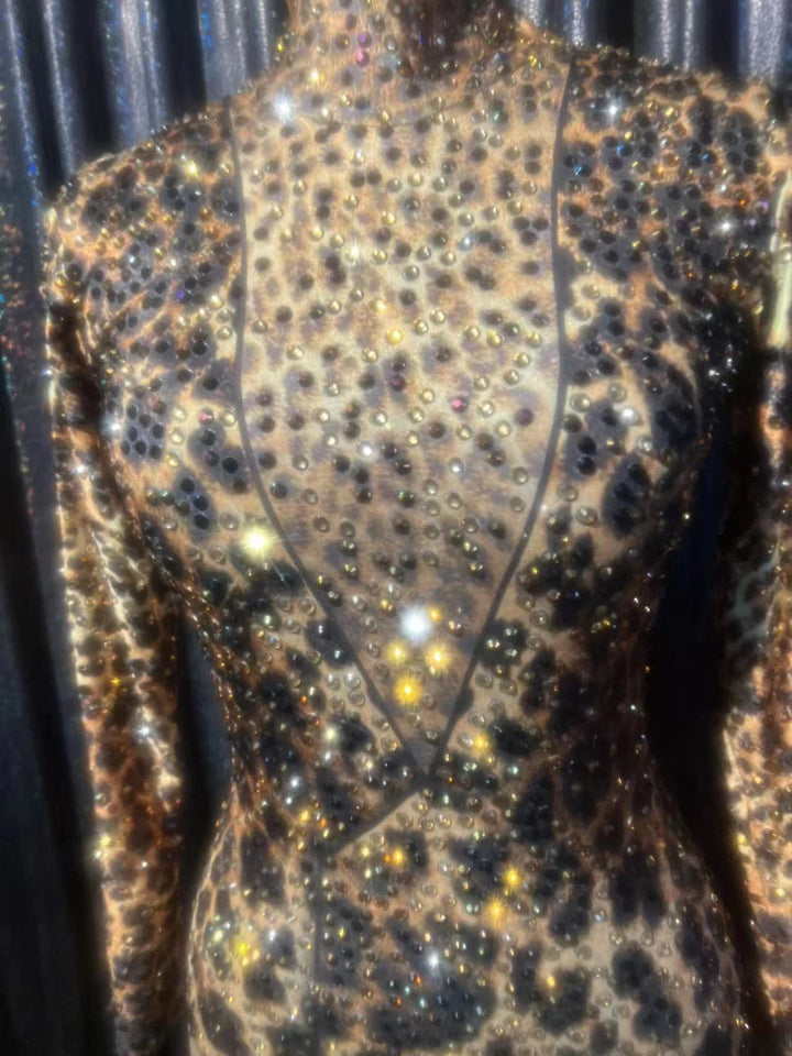 Leopard print rhinestone bodysuit leotard women bodycon 1 pc jumpsuit