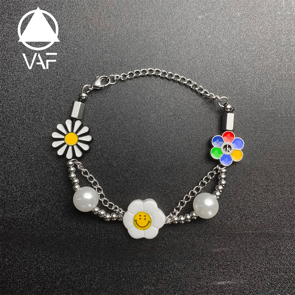 VAF Freshwater Pearl Happy Smiley Smile Face Chain Bracelet Sunflower Daisy Flower Seed Bead Bracelet for Women