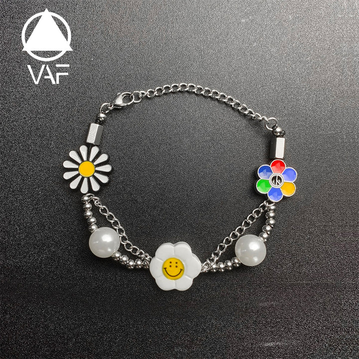 VAF Freshwater Pearl Happy Smiley Smile Face Chain Bracelet Sunflower Daisy Flower Seed Bead Bracelet for Women