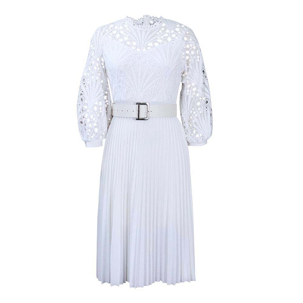 2022 summer puff sleeve lace pleated office lady dresses with belt