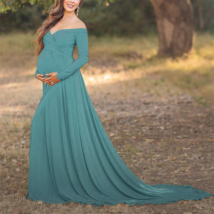 Womens cotton off shoulder long sleeves v neck trailed maternity dress